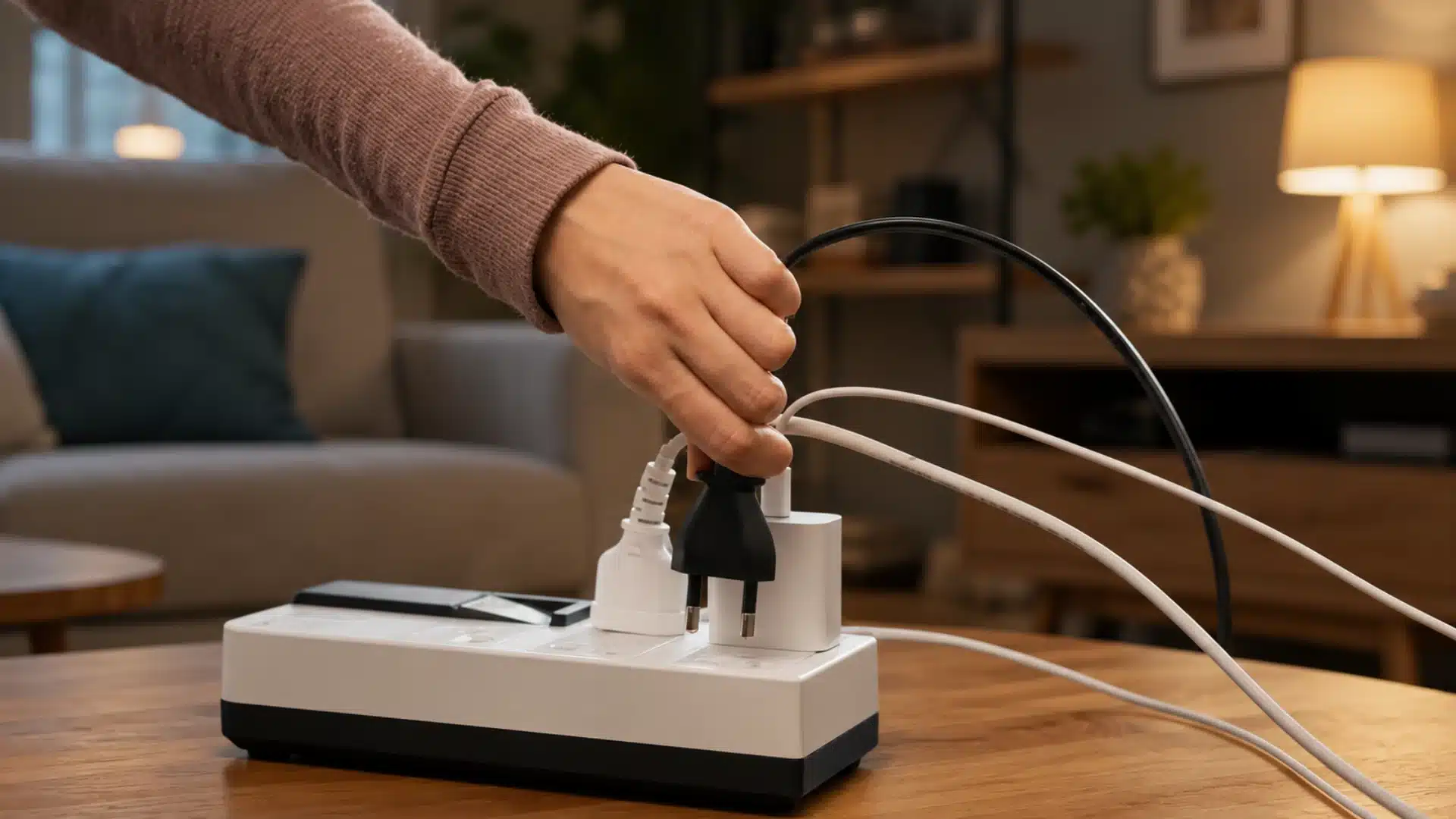 **Alt text (80 to 90 characters):**  Hand plugging a device into a smart power strip on a wooden table in a modern living room