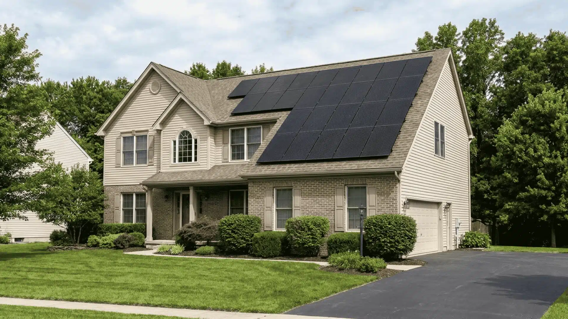 House with rooftop solar panels on a sloped roof