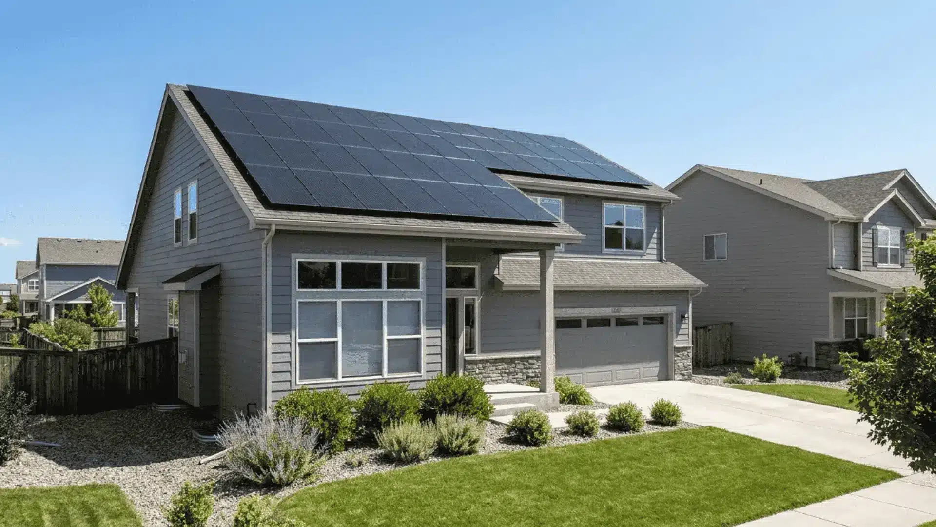 residential house with rooftop solar panels on sloped roof under daylight