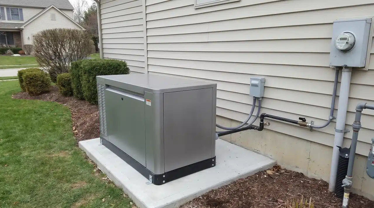 Standby generator on concrete pad beside a house exterior with gas line connection at base