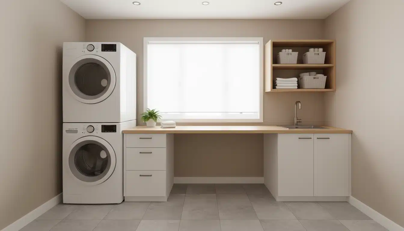 minimalist, well-organized laundry room with a stacked washer and dryer next to a countertop