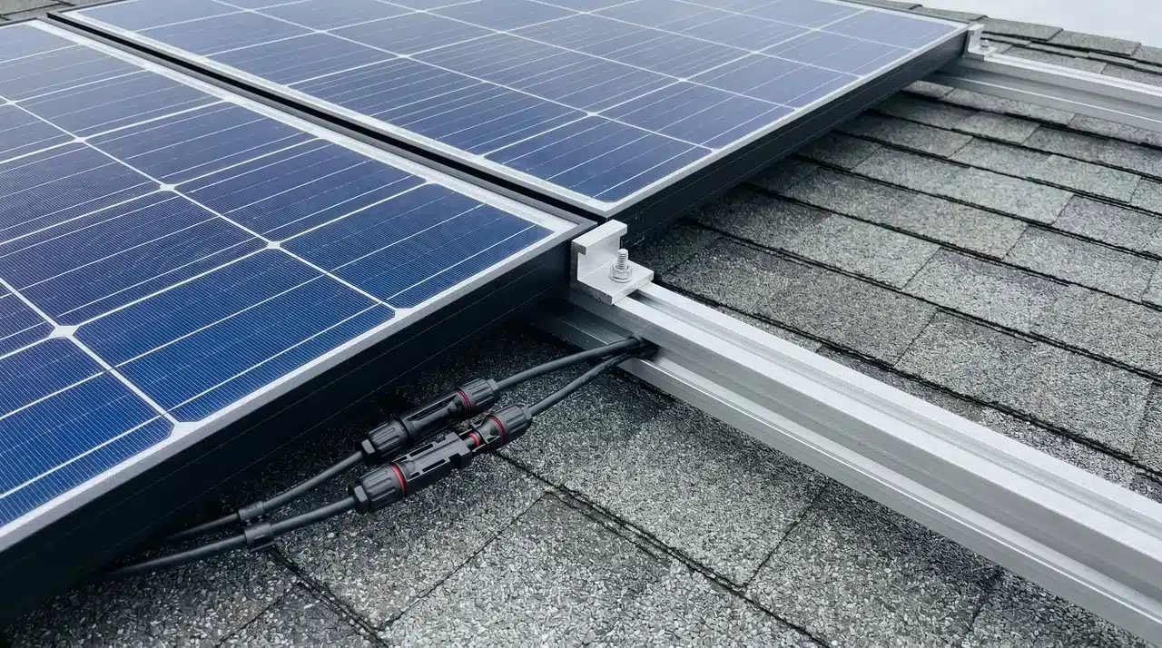 Two solar panels seated on aluminum roof rails with MC4 connectors joined beneath panel edge and mid-clamp between panels