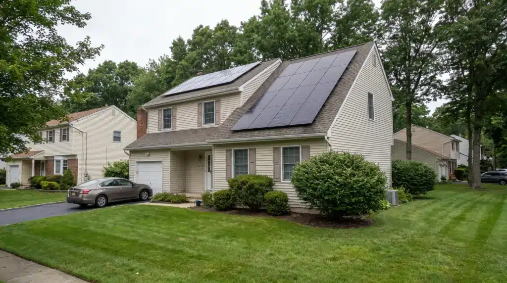 Suburban New Jersey home with rooftop solar panels installed on the roof