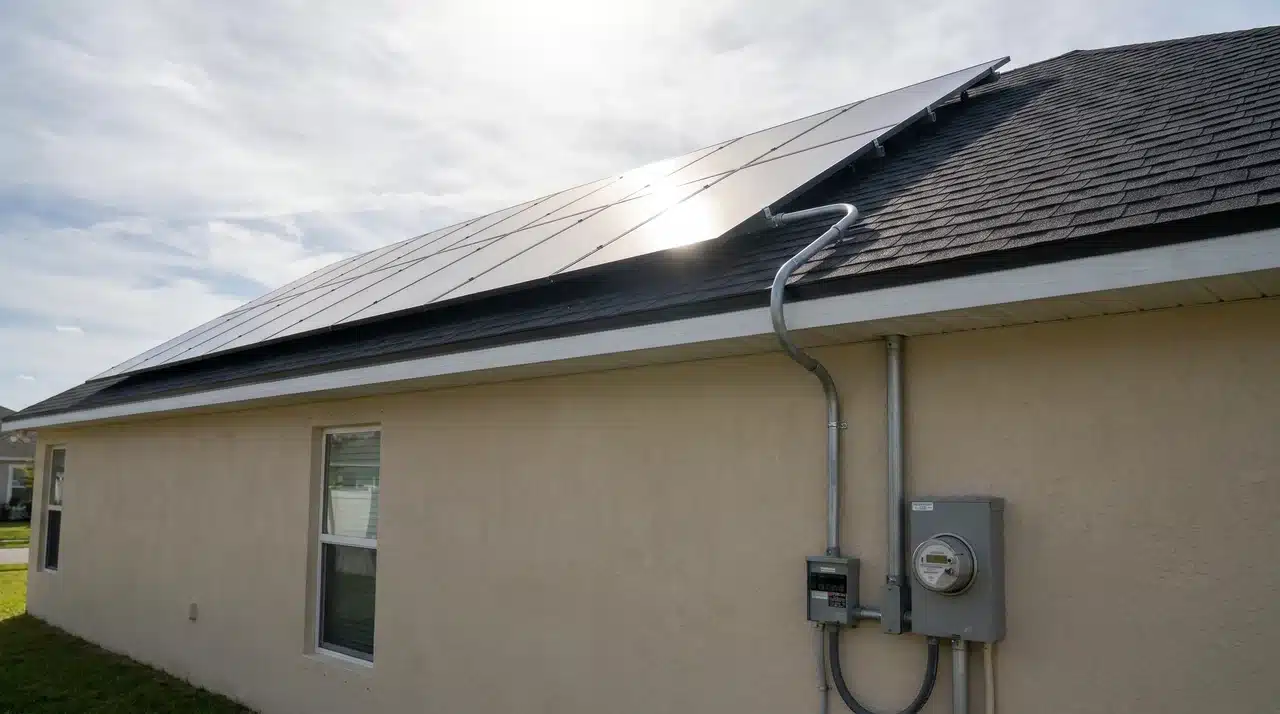 Completed solar panel array on asphalt shingle roof with bidirectional utility meter on exterior wall below and conduit connecting both