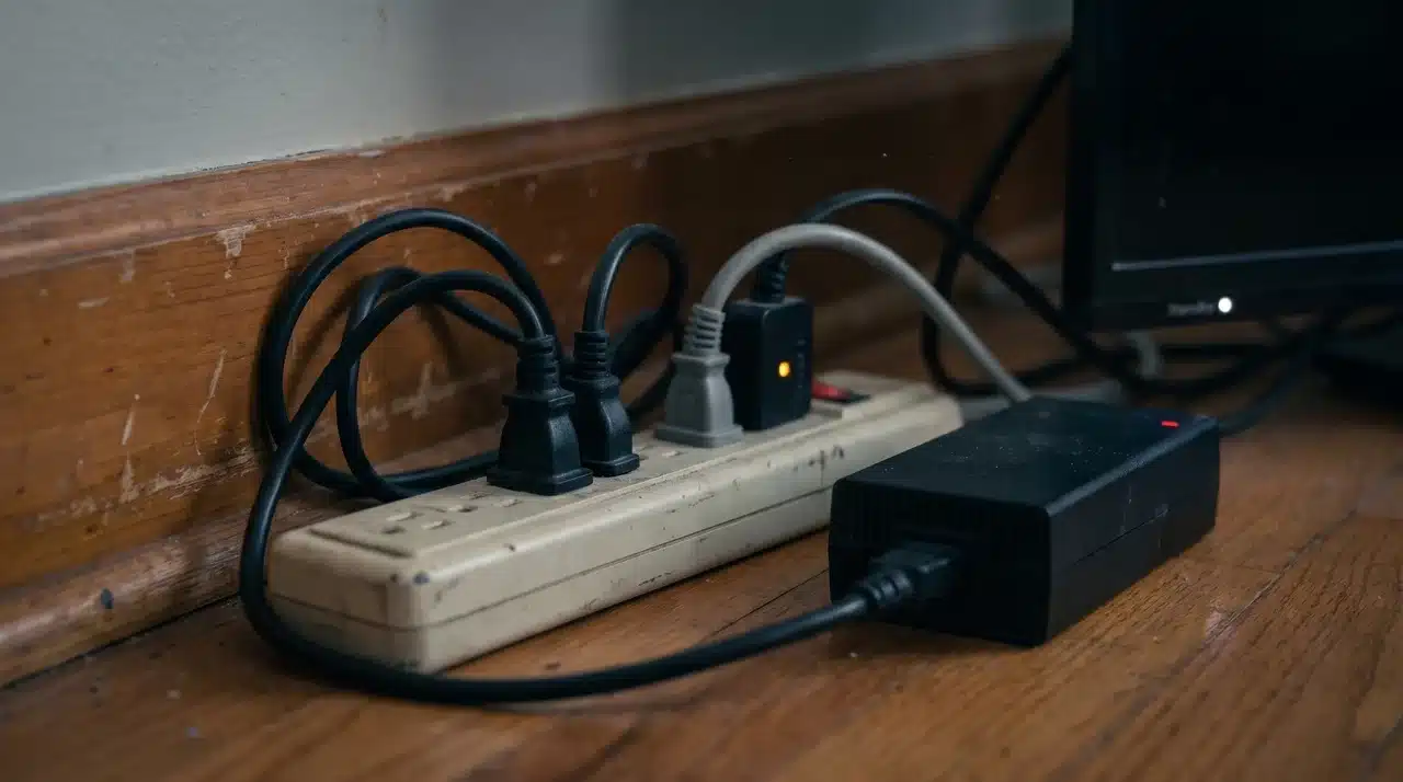 Power strip with gaming console, cable box, and television cables plugged in near a baseboard