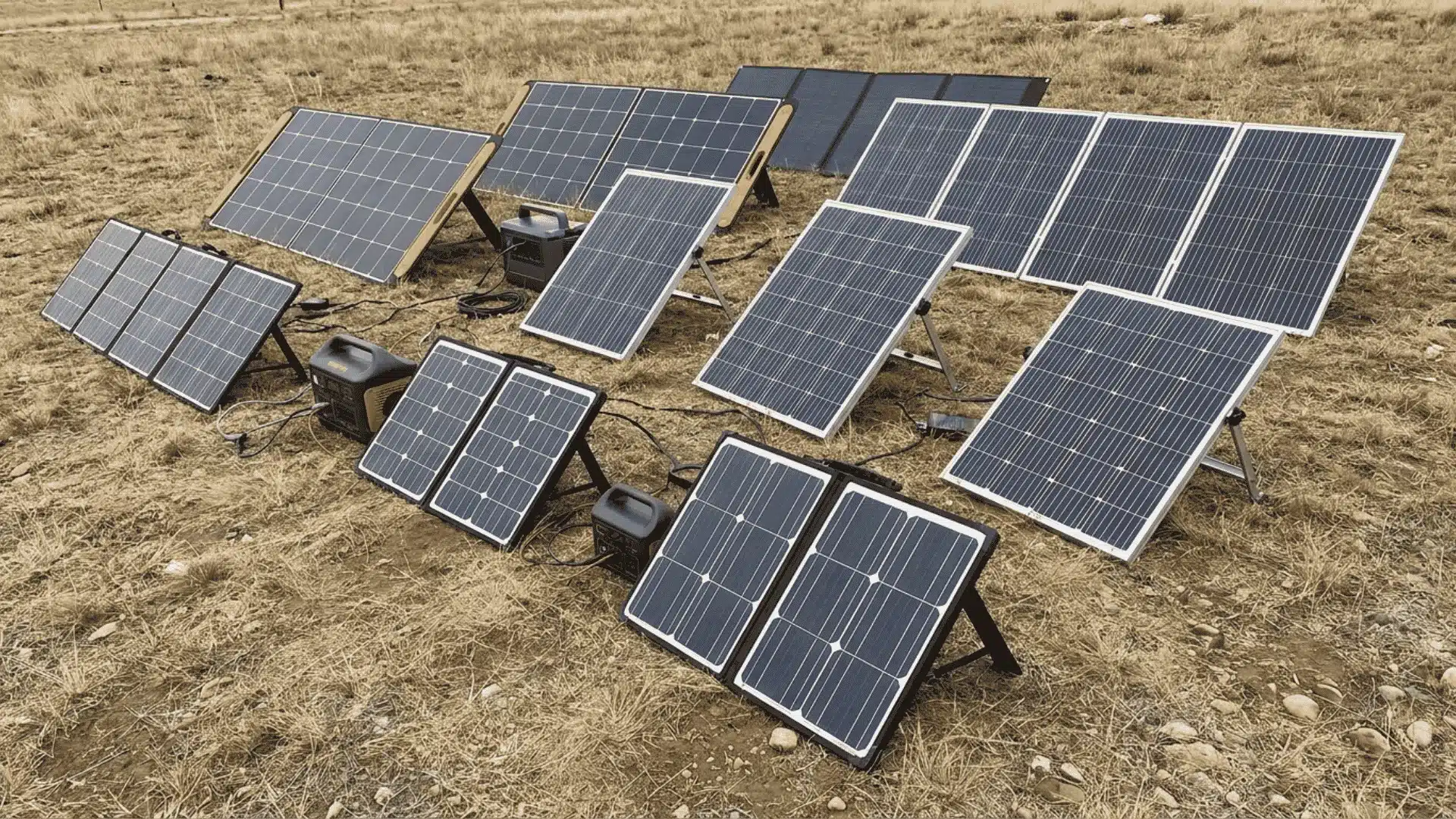 Portable and off-grid solar panels of different sizes arranged on the ground