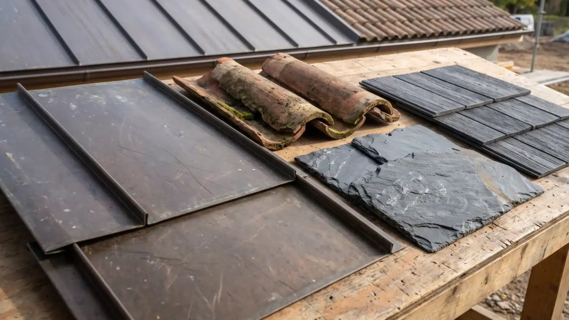 Metal panels, reclaimed tiles, slate, and synthetic roofing materials