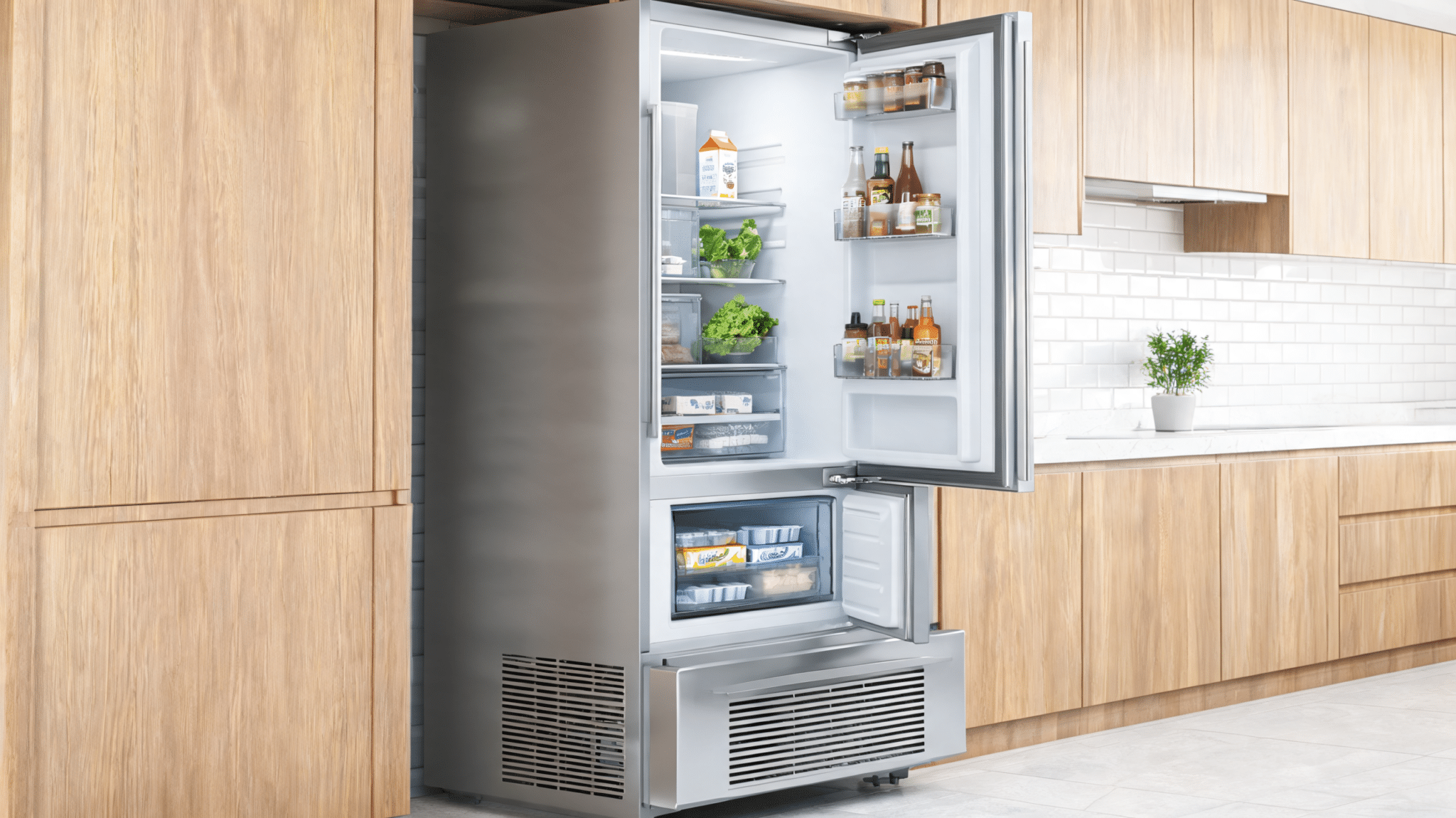 stainless steel French-door refrigerator with open compartments next to a unit with exposed rear condenser coils and compressor