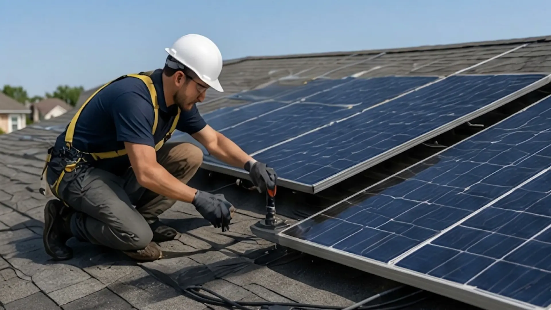 solar installer wearing a hard hat and safety harness adjusts equipment on a dark shingled residential roof