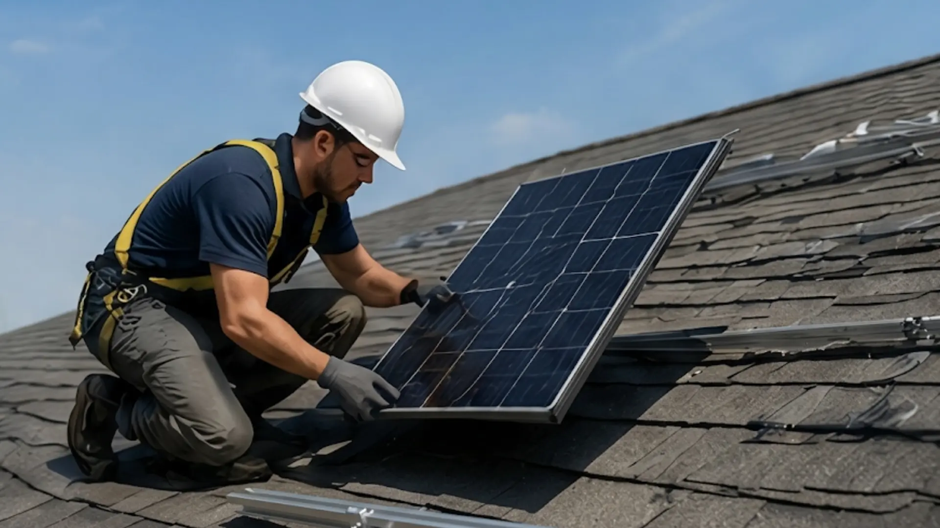 worker wearing a safety harness and hard hat installs a solar panel on a shined, shingled rooftop in daylight