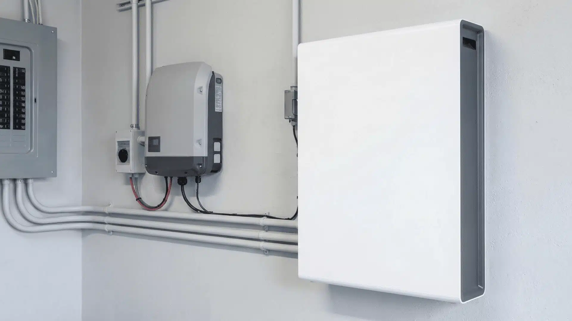 home battery storage unit next to solar inverter in utility room