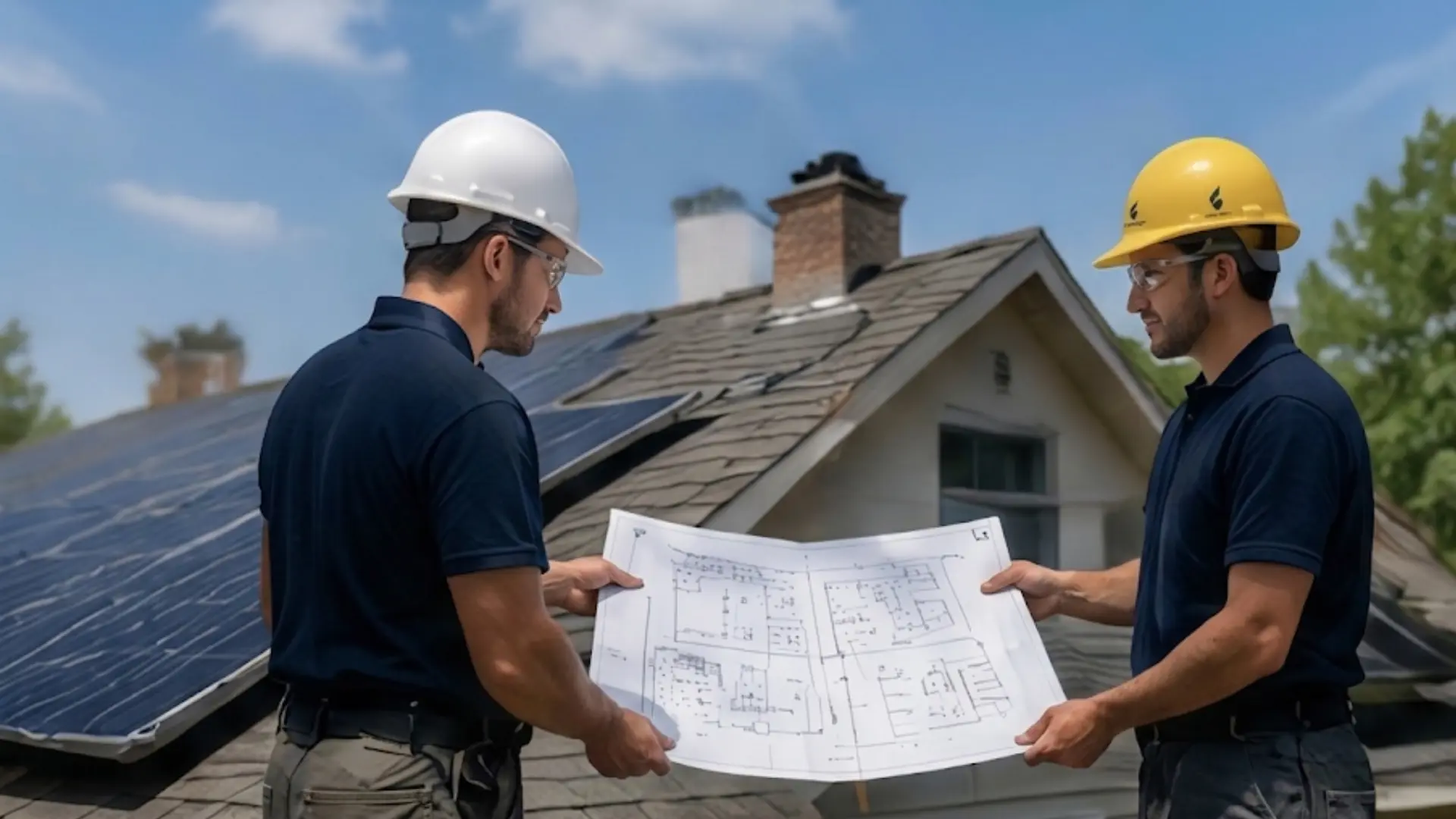 technicians wearing hard hats review architectural blueprints together on a residential roof next to the solar panel system