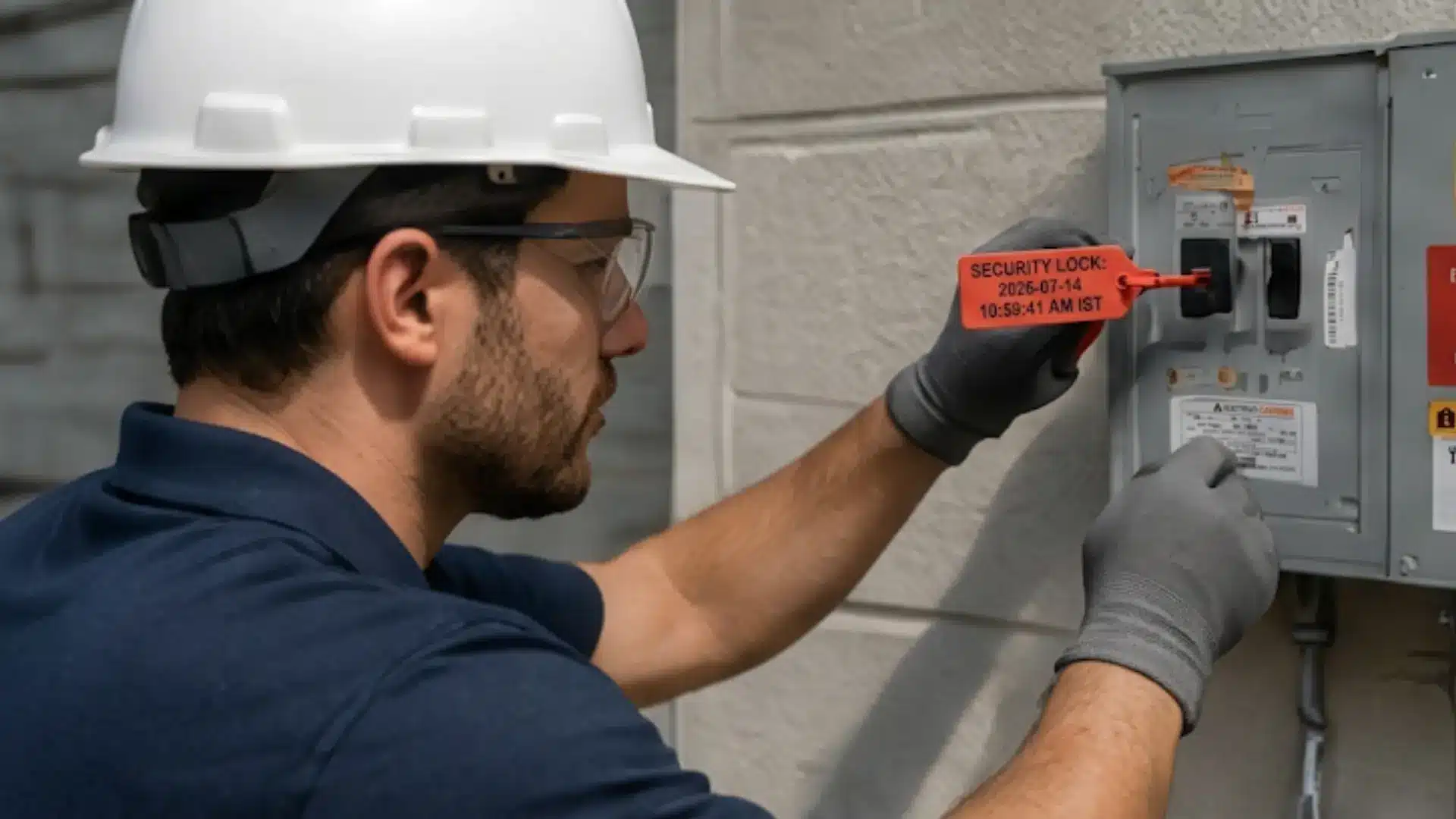 electrician in a hard hat and gloves installs a red security seal on a grey meter box with warning stickers
