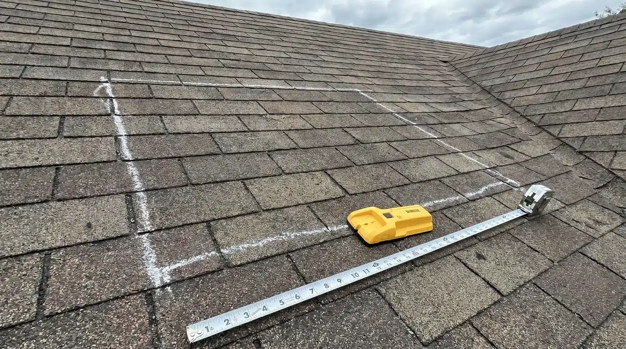 Asphalt shingle roof with chalk lines marked across surface and stud finder and measuring tape resting on shingles