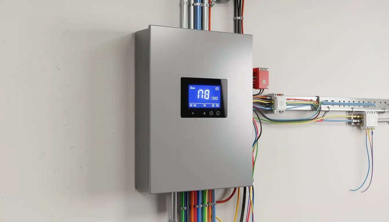 An industrial electrical inverter with a blue digital display mounted on a wall with wiring.