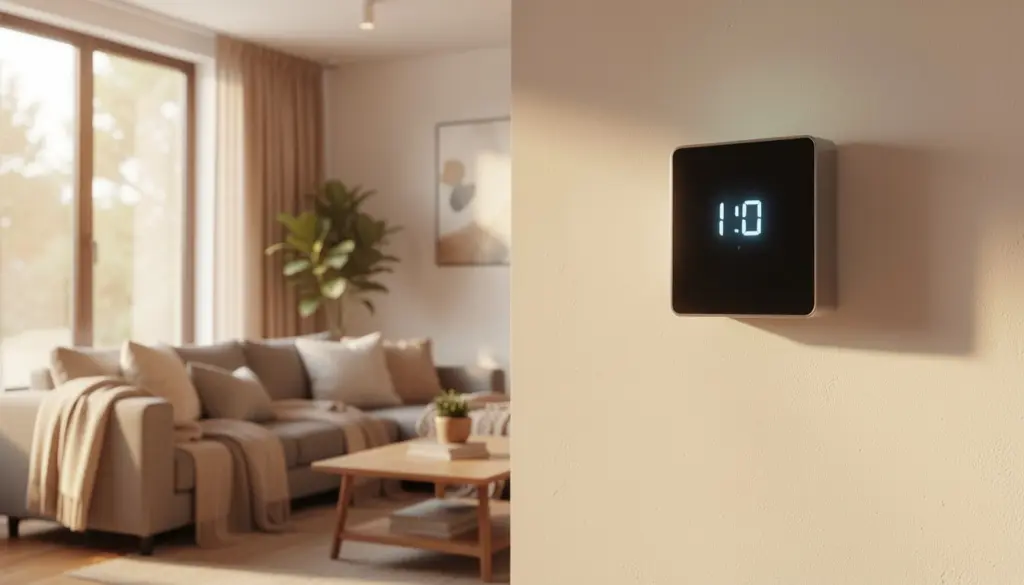 A sleek black digital smart home display mounted on a wall with a living room background