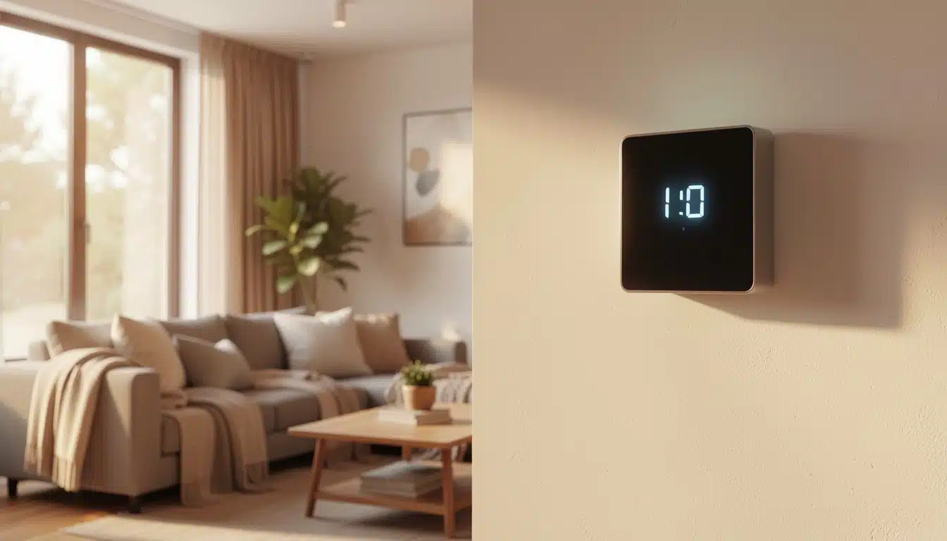 A sleek black digital smart home display mounted on a wall with a living room background
