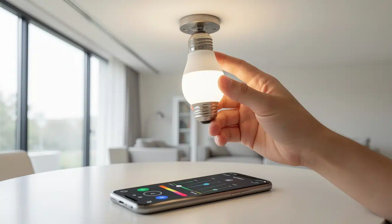 A hand screwing in a smart LED bulb above a smartphone with a lighting controller app.