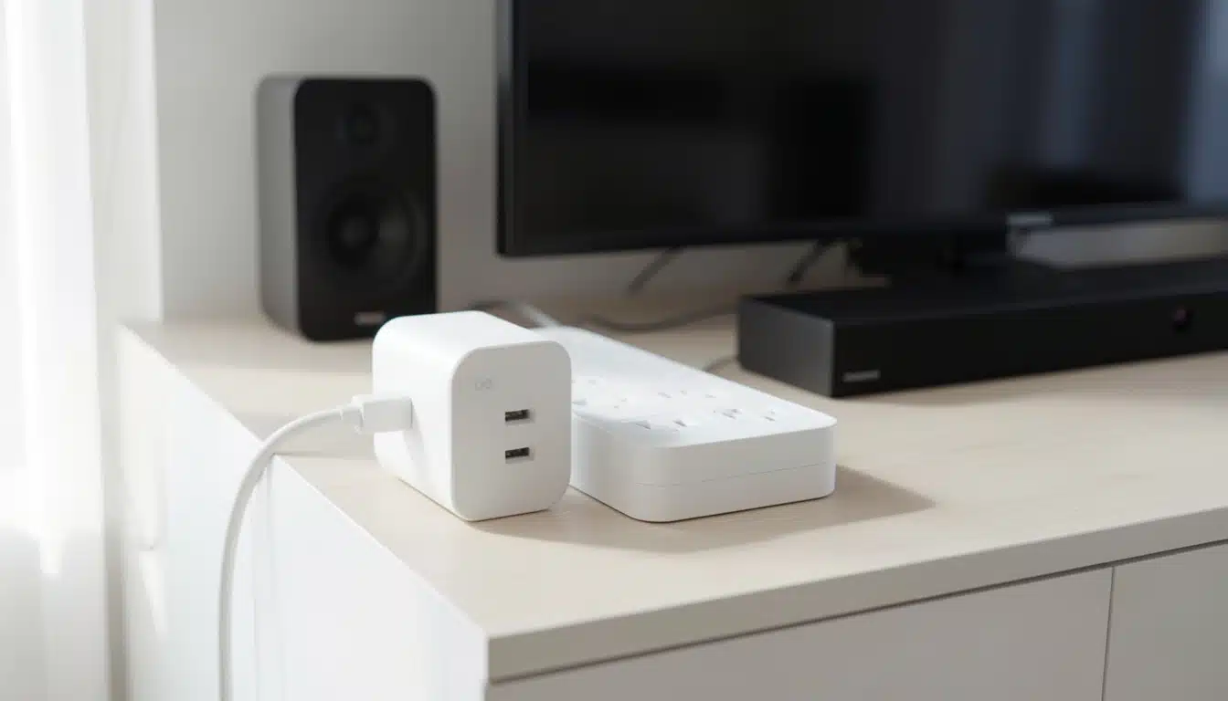 A white smart plug adapter plugged into a power strip on a living room TV console.