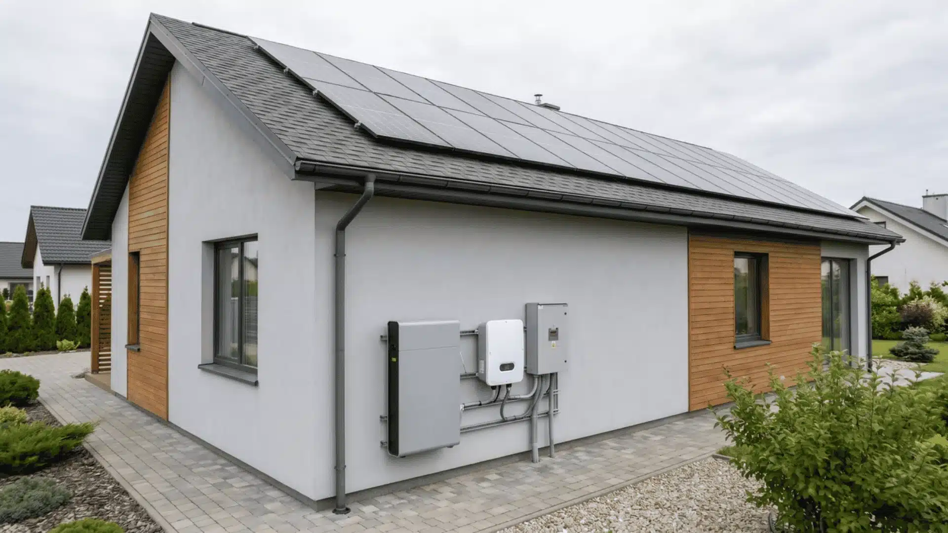 House exterior with rooftop solar panels and wall-mounted inverter and battery system
