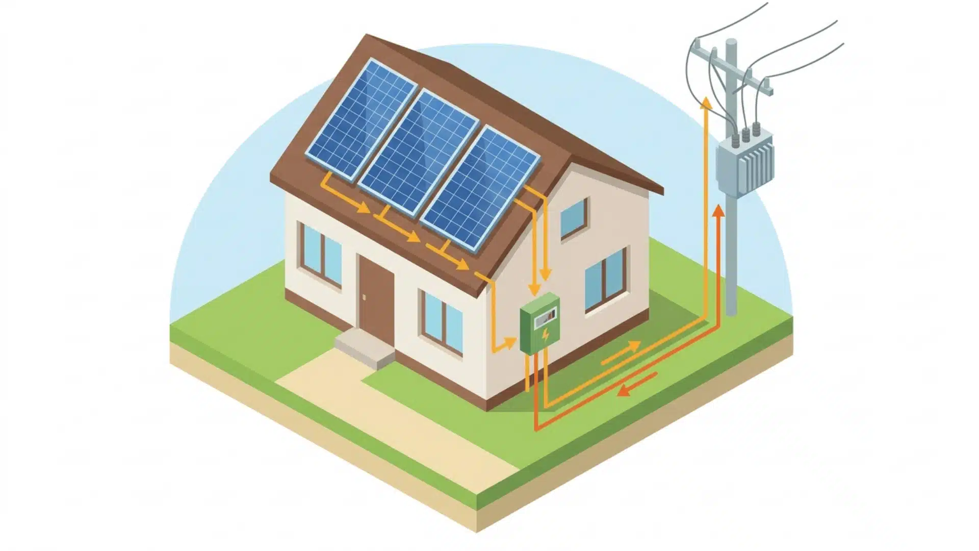 solar panels sending electricity to grid through utility connection with directional flow lines