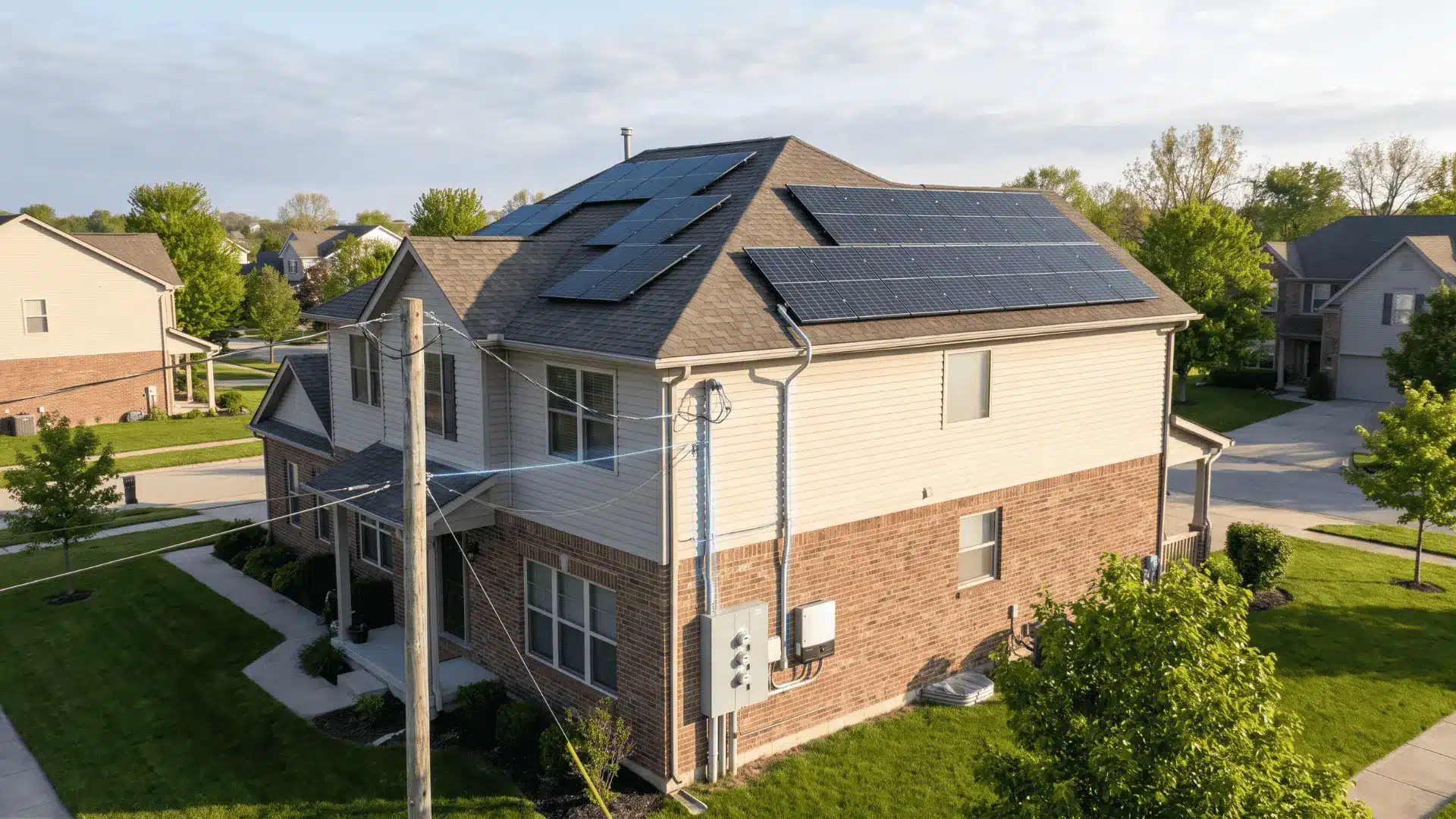 Rooftop solar panels on a home connected to an electrical meter showing energy flow to the grid