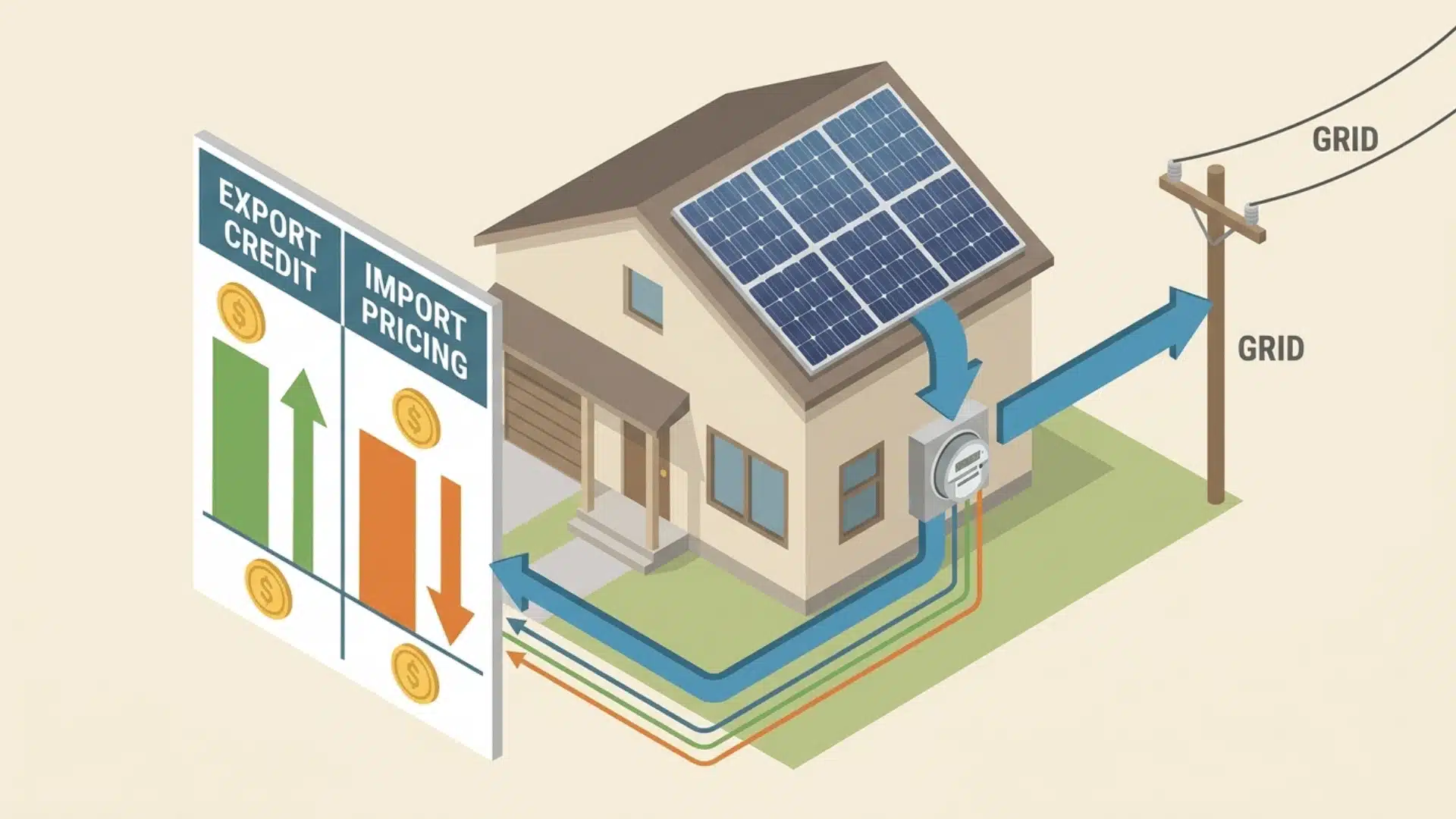 rooftop solar home connected to grid showing energy flow and electricity plan comparison concept