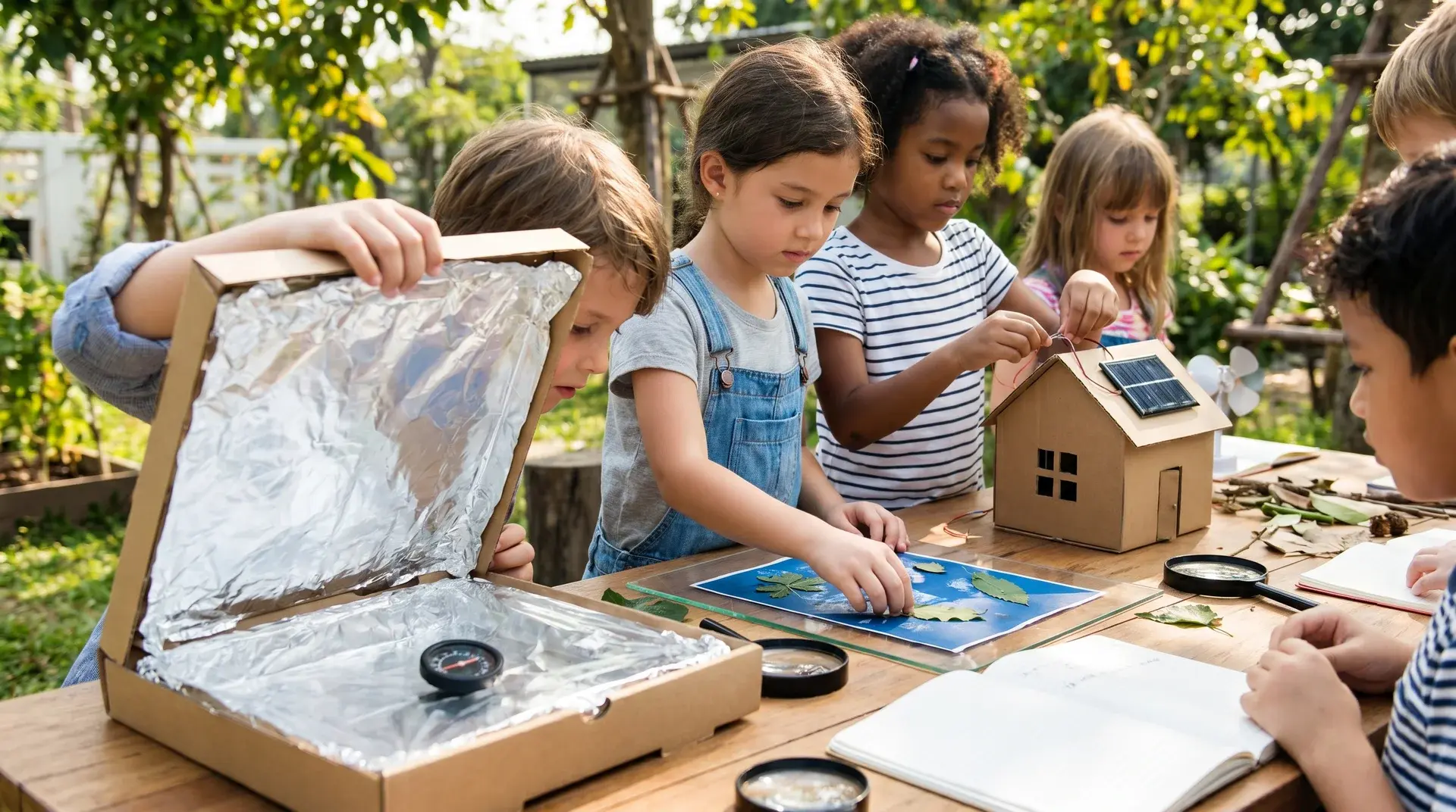 Kids performing solar energy experiments with a solar oven, sun prints, and a model solar house.