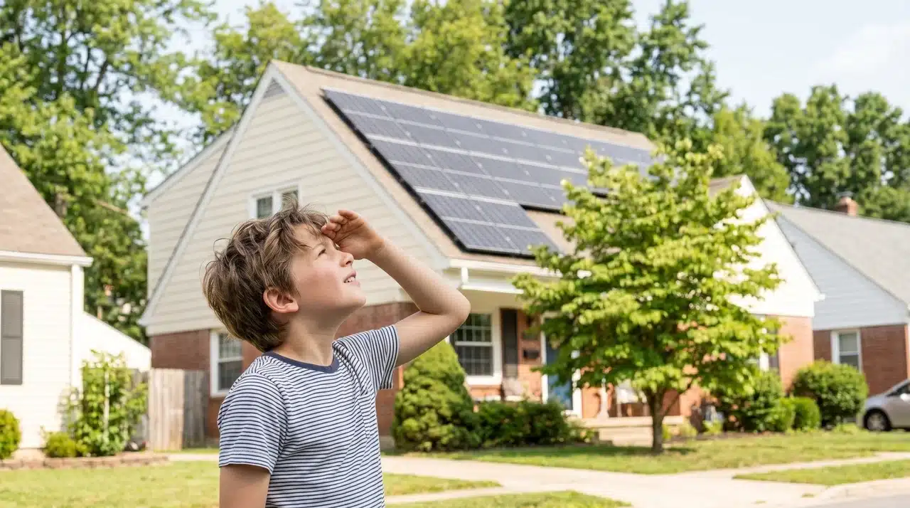 A child looking at solar panels installed on a house rooftop on a sunny day