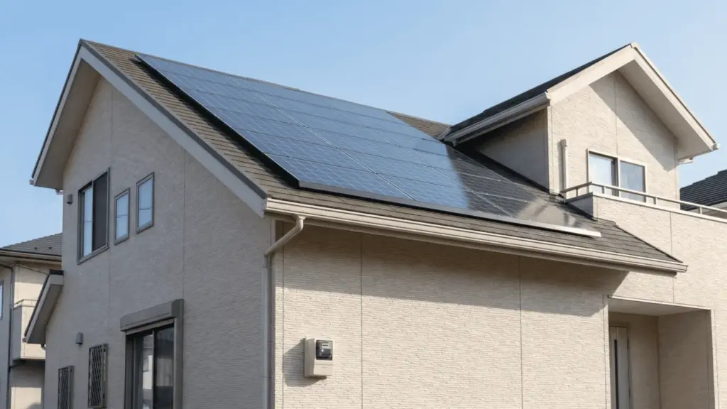 Residential house with rooftop solar panels and utility meter mounted on exterior wall