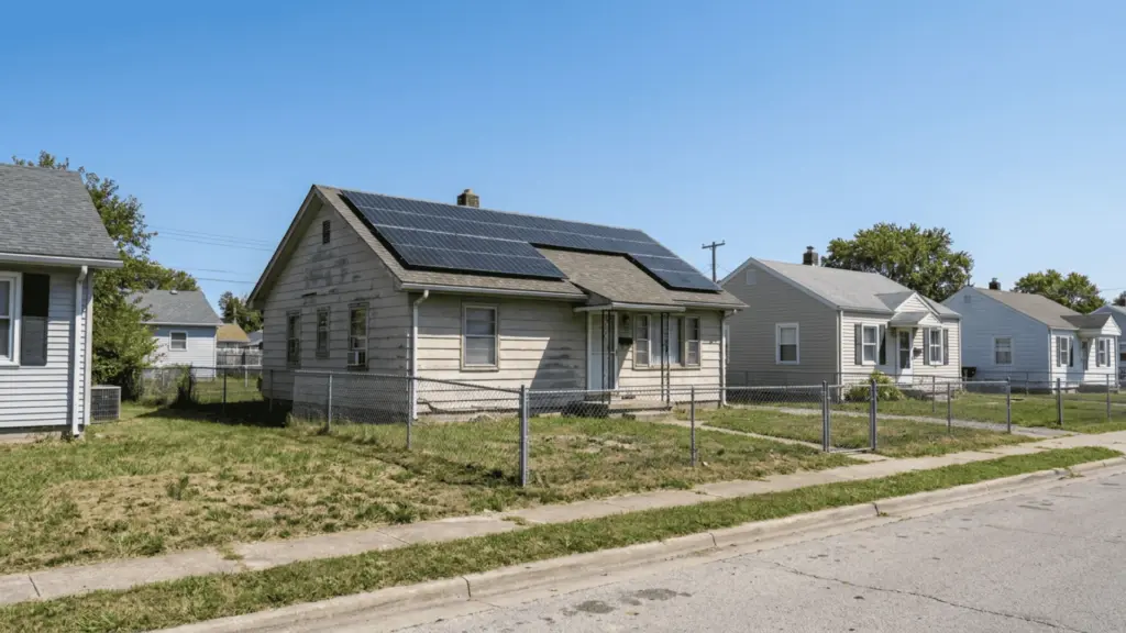 Solar panels installed on the roof of a single-family home in a residential neighborhood.