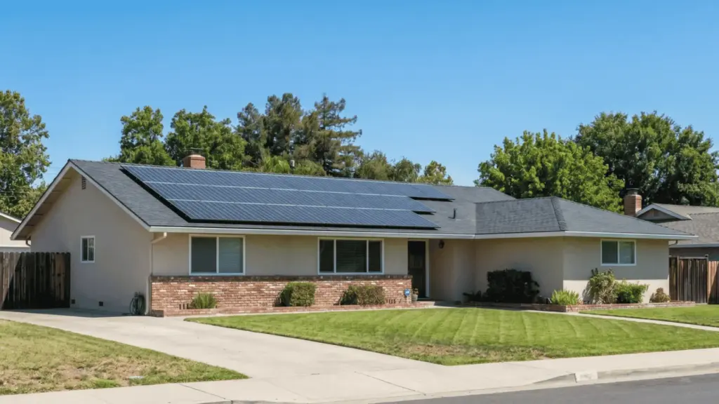 Solar panels mounted on a residential rooftop under clear sky