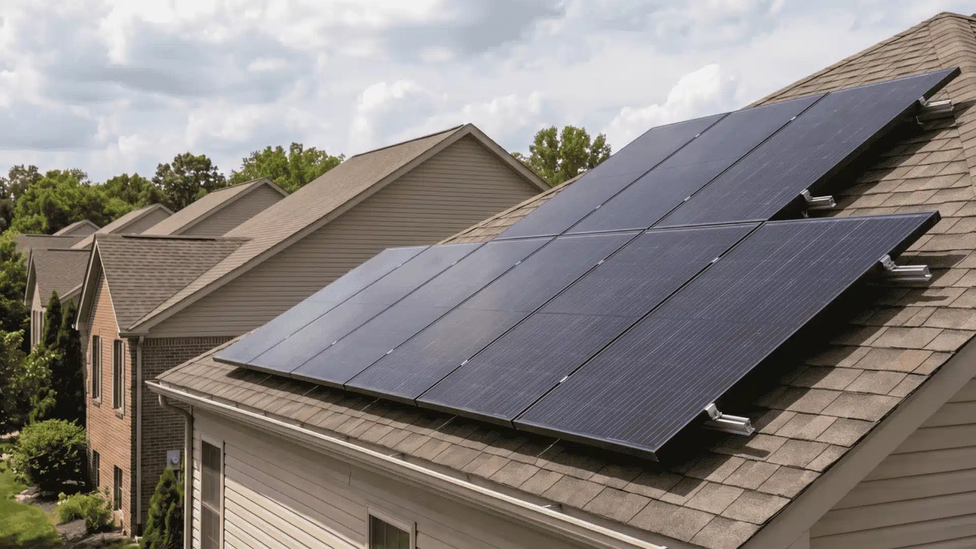 Solar panels installed on sloped roof of suburban house under cloudy sky