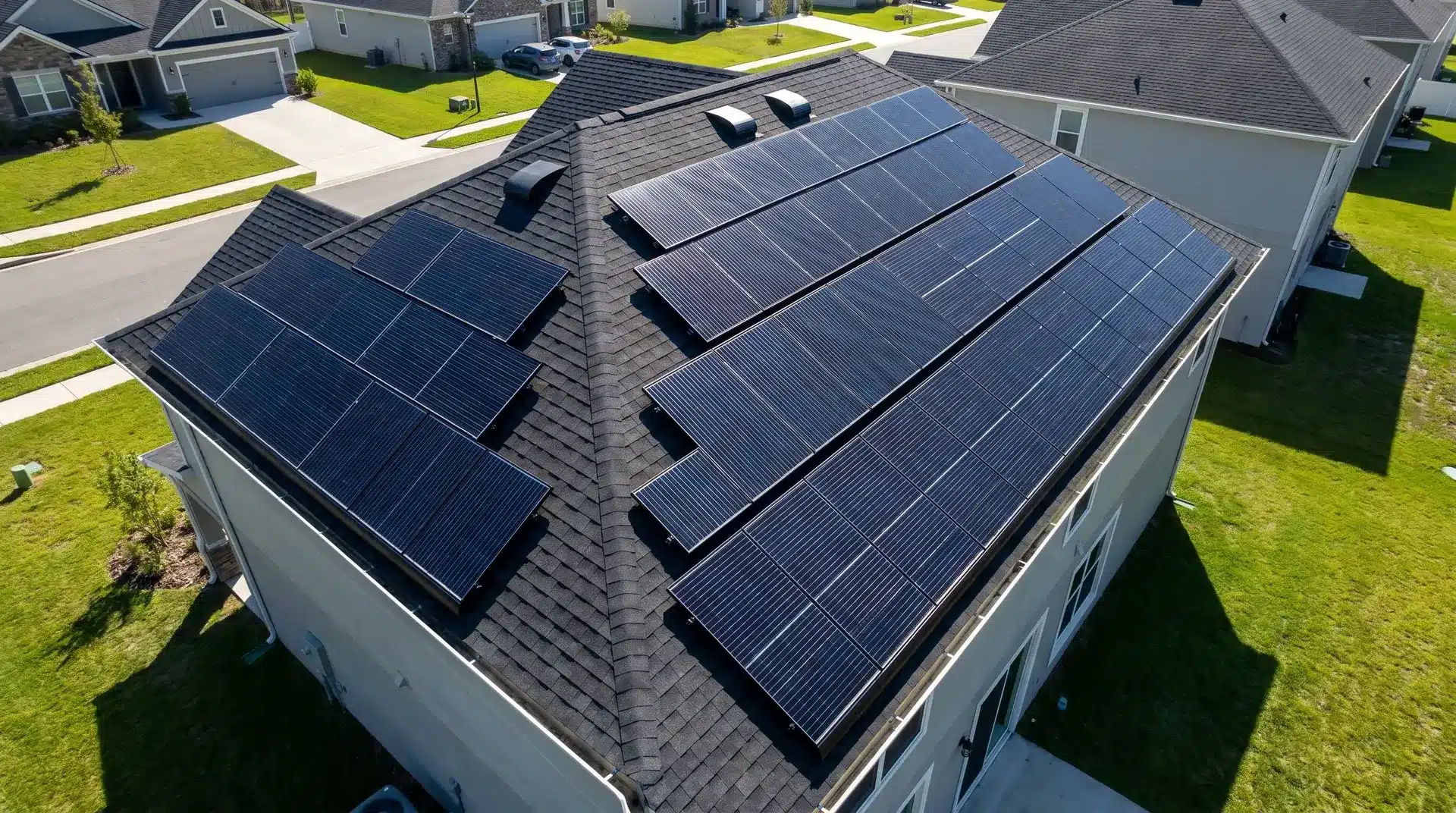 Residential rooftop solar panels installed in rows, showing roof space usage and realistic home solar system layout.