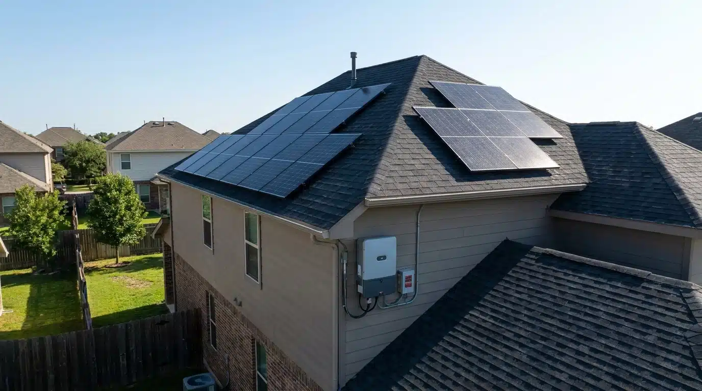 solar panels installed on residential roof with inverter unit mounted nearby
