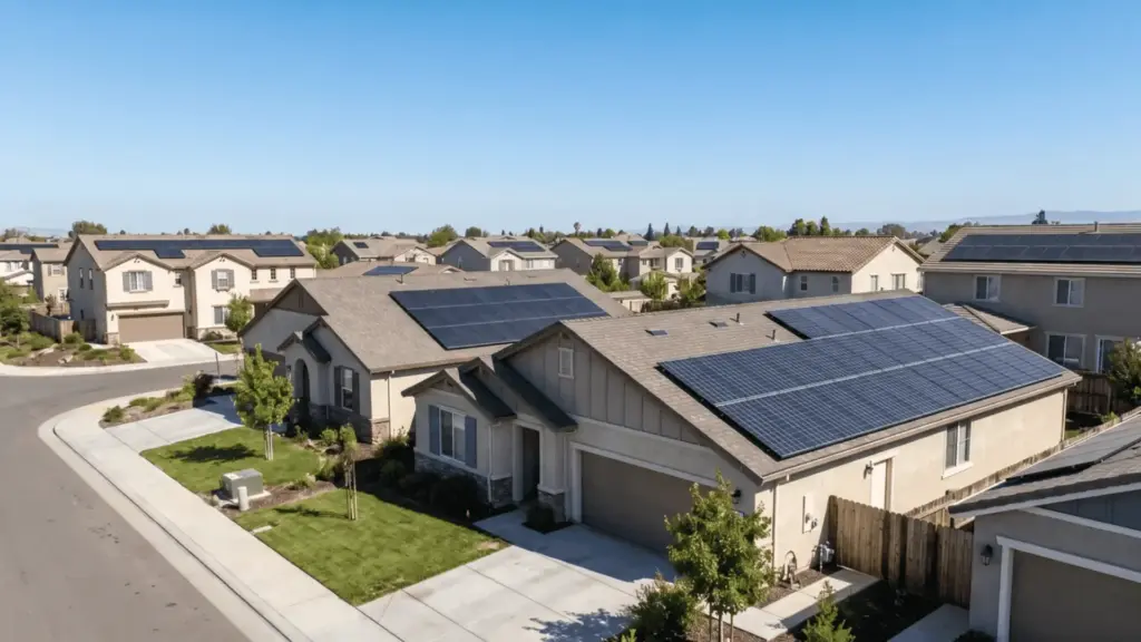 Solar panels installed on rooftops in a suburban neighborhood with clear streets and lawns, showing multiple houses.