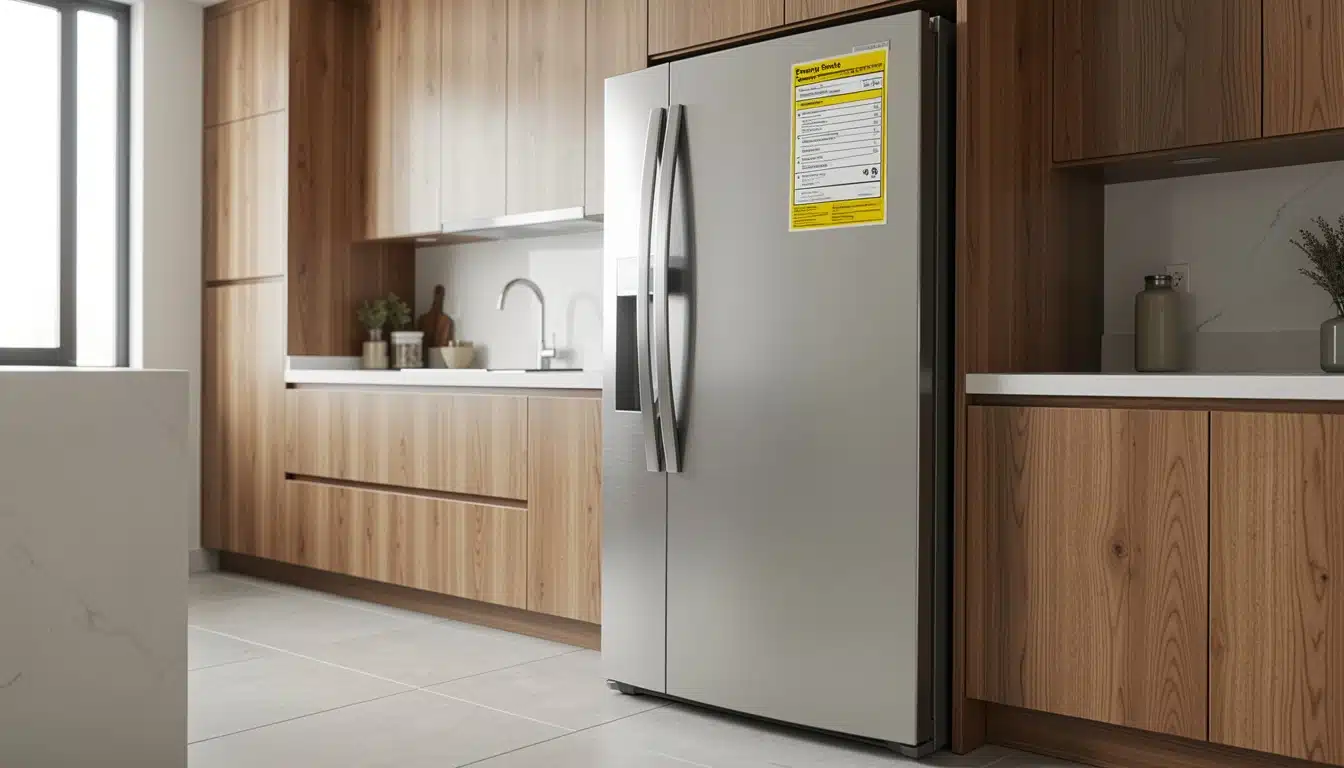 A stainless steel French door refrigerator with a yellow EnergyGuide label in a modern kitchen