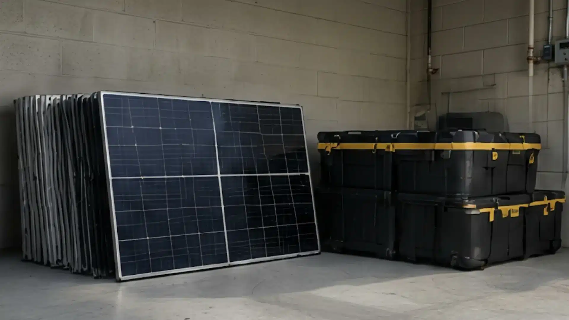 stack of solar panels and stacked black utility cases with yellow accents lean against a cinder block wall
