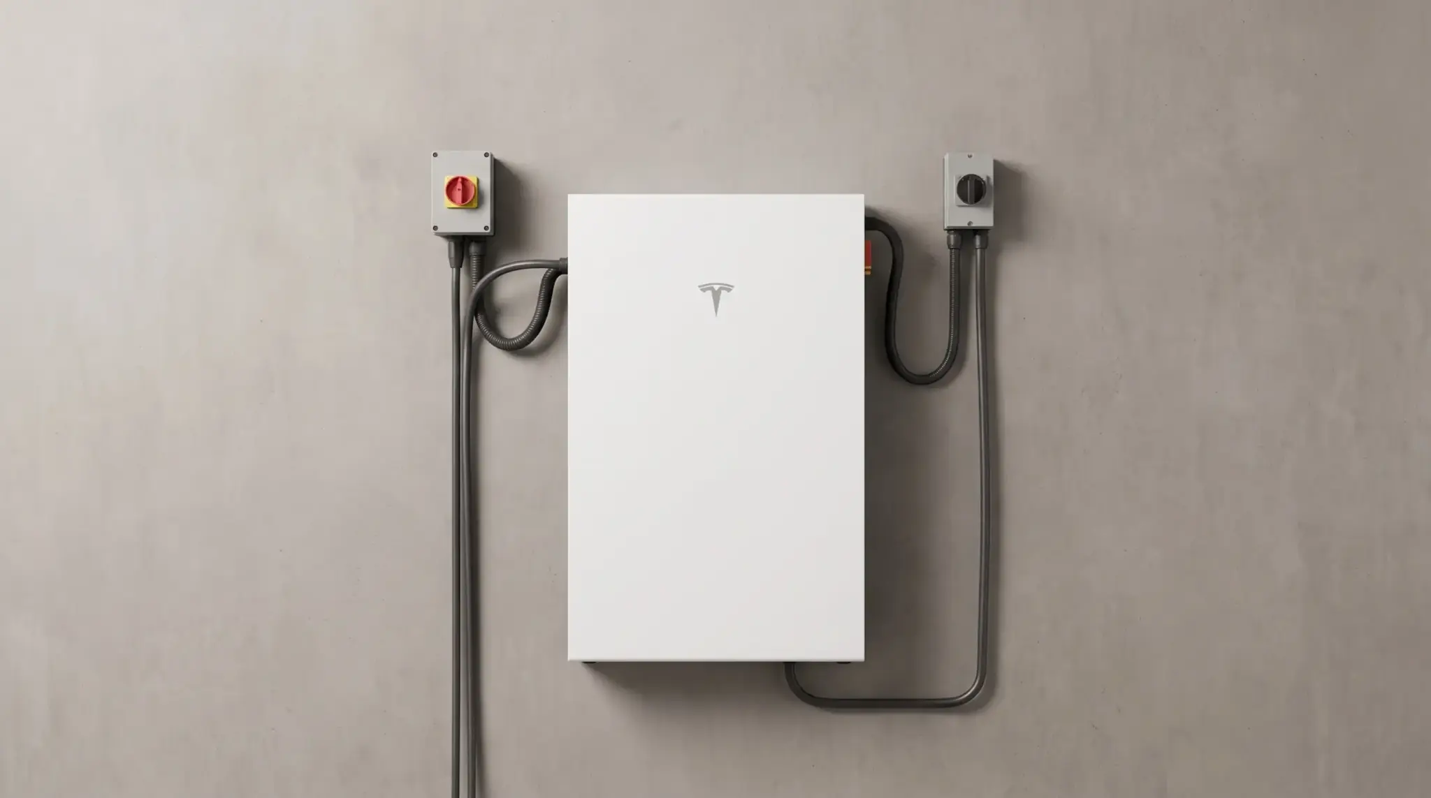 Wall-mounted Tesla Powerwall battery with conduit wiring and safety disconnect switches on a plain indoor wall.