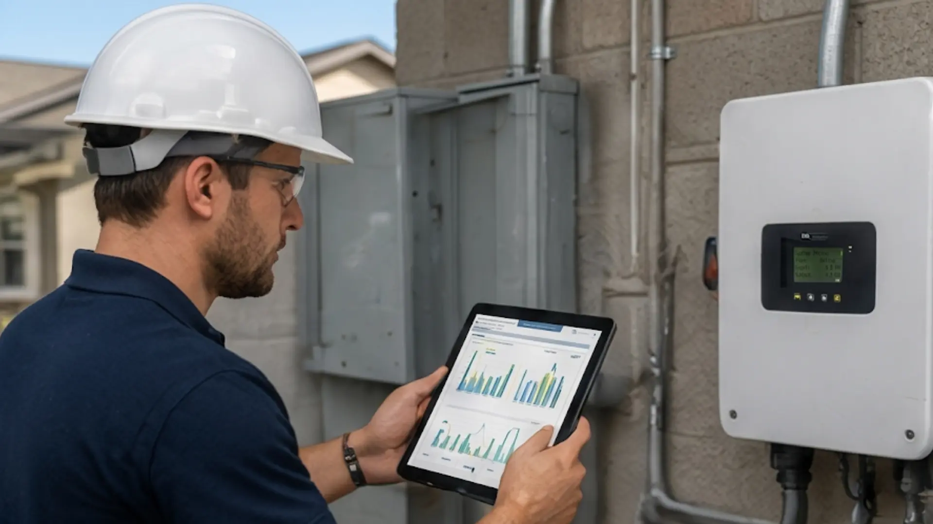 electrician wearing a white hard hat uses a digital tablet to analyze data next to a wall-mounted solar inverter