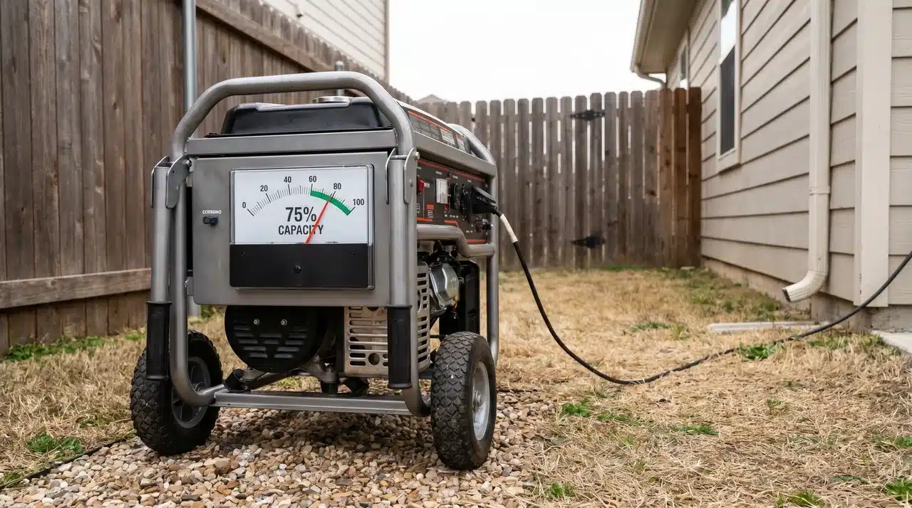 A portable generator sitting on gravel in a residential backyard, running at 75 percent capacity as shown on its analog gauge