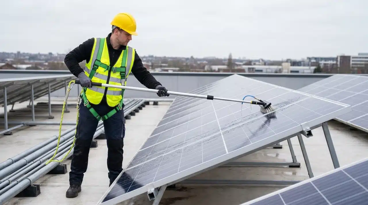 Technician wearing a safety harness cleaning solar panels on a rooftop array