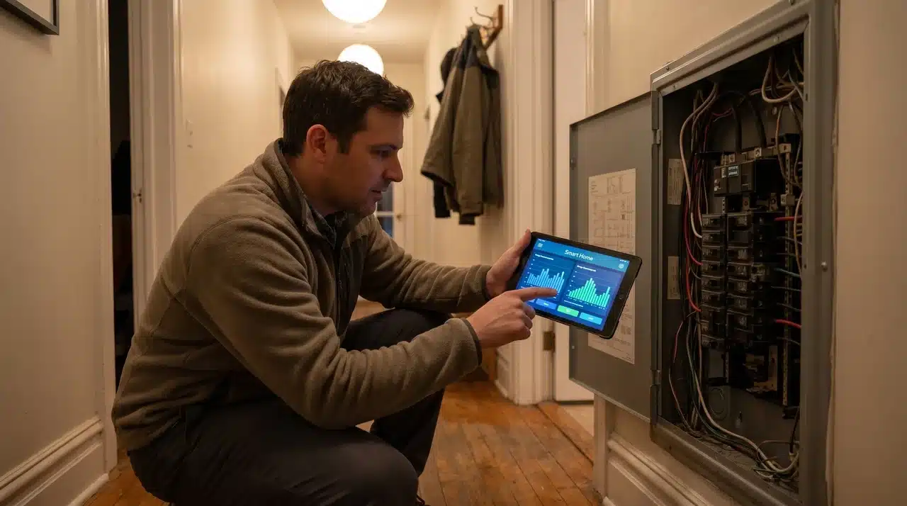 Man crouching by open electrical panel, reviewing smart home energy usage charts on a tablet