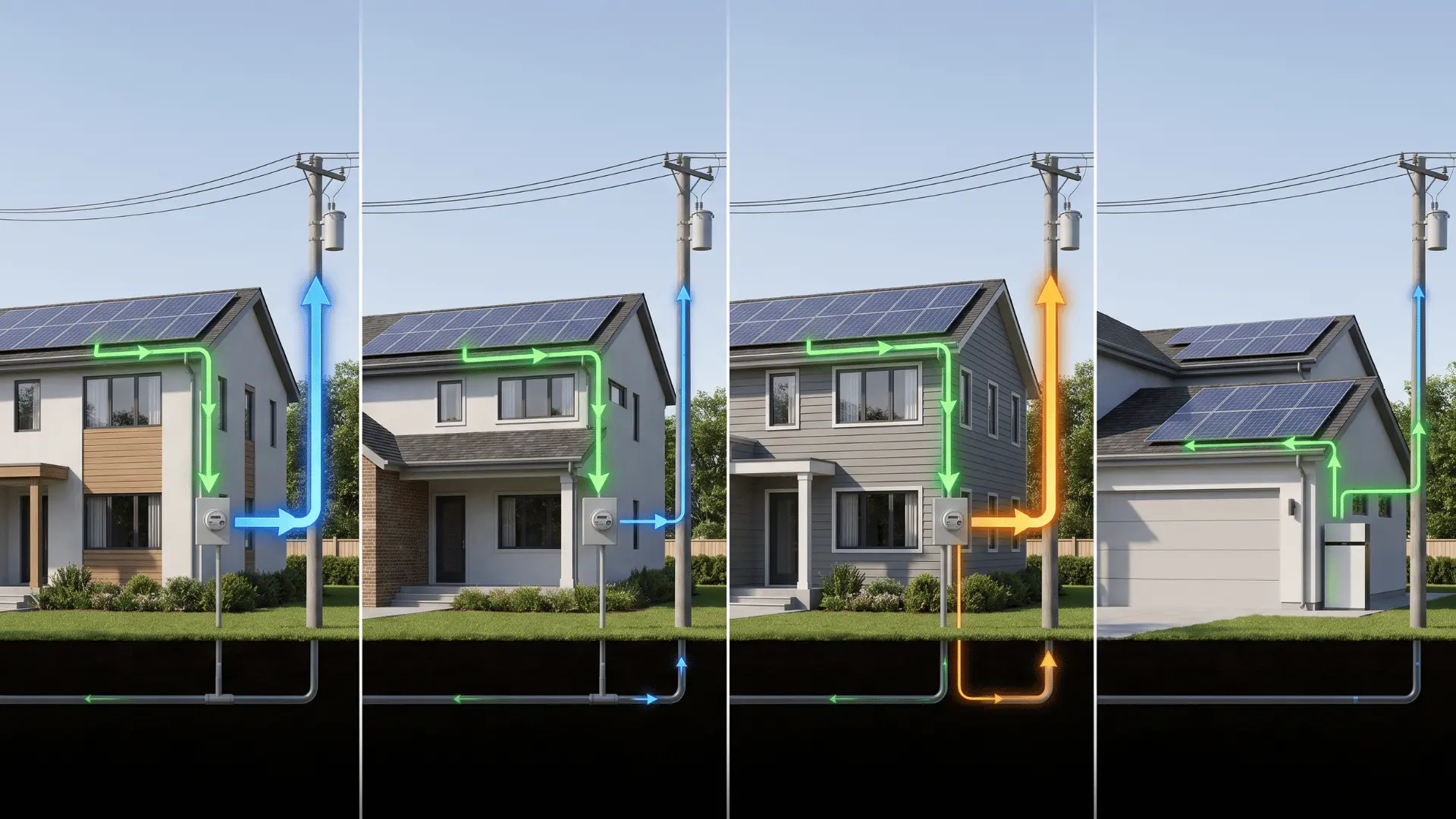 Four-panel visual showing different ways solar energy is exported and used in homes