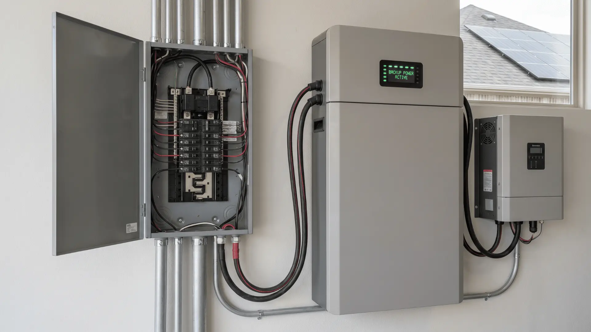 Home solar panels connected to a battery storage system and electrical panel indicating backup power capability
