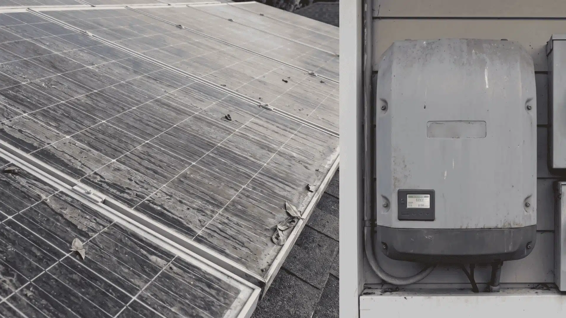 Close view of solar panels and inverter on a residential roof