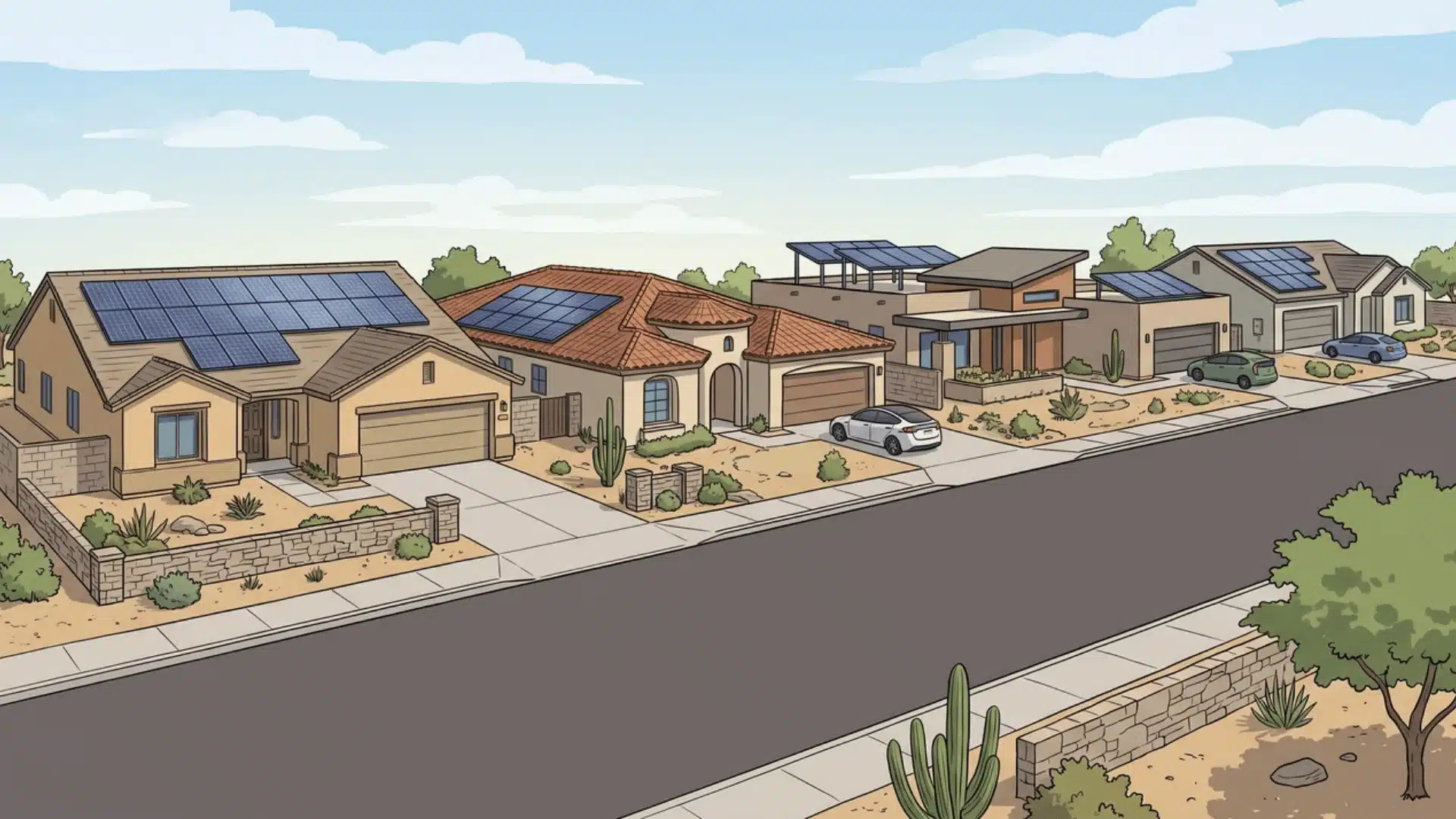 several houses with different rooftop solar panel configurations on a residential street
