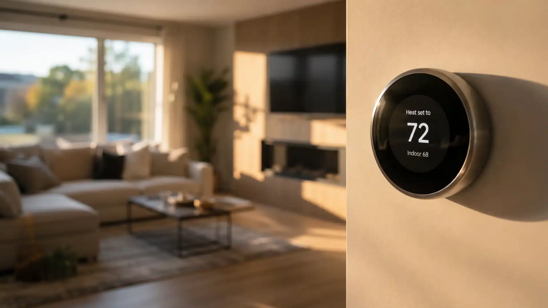 Smart thermostat mounted on wall in a modern living room