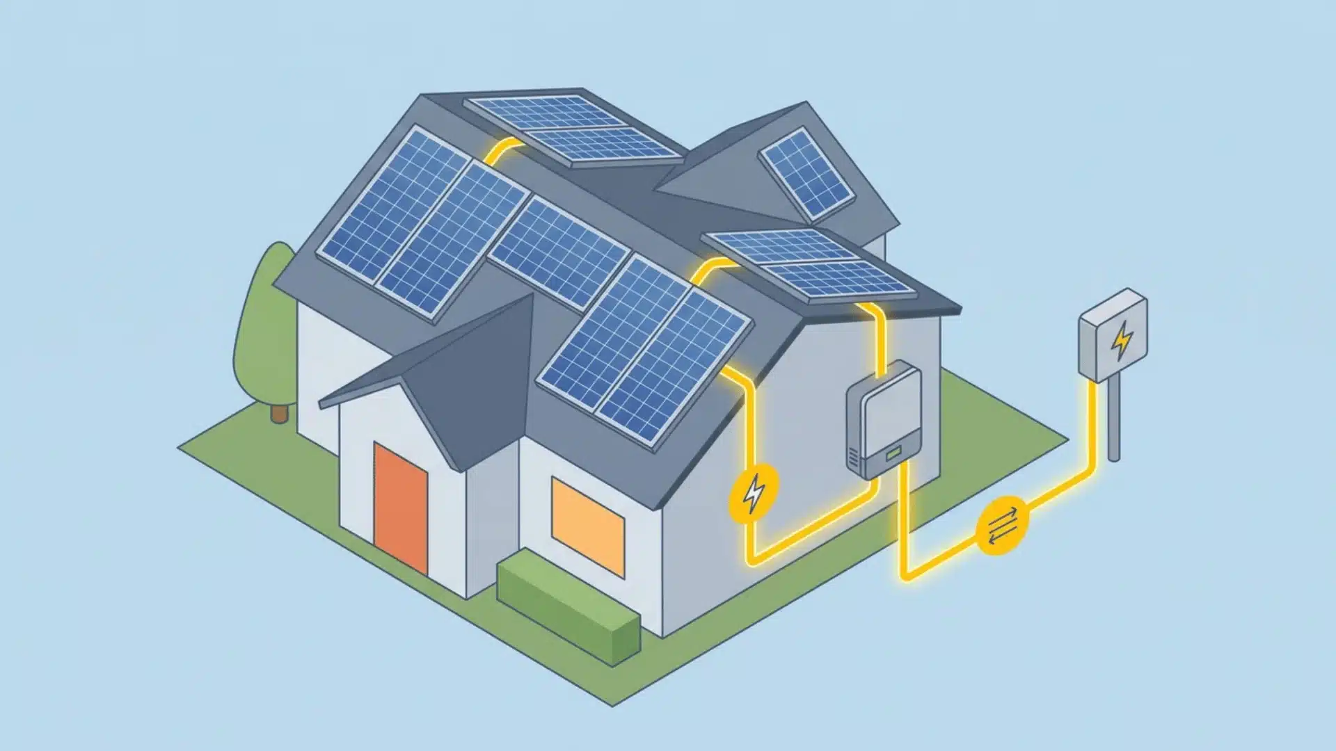 Flat illustration of rooftop solar panels connected to home inverter and grid system in simplified layout