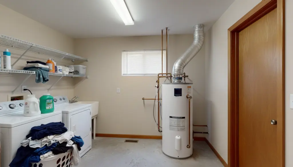 traditional utility room featuring a large white water heater next to a washing machine